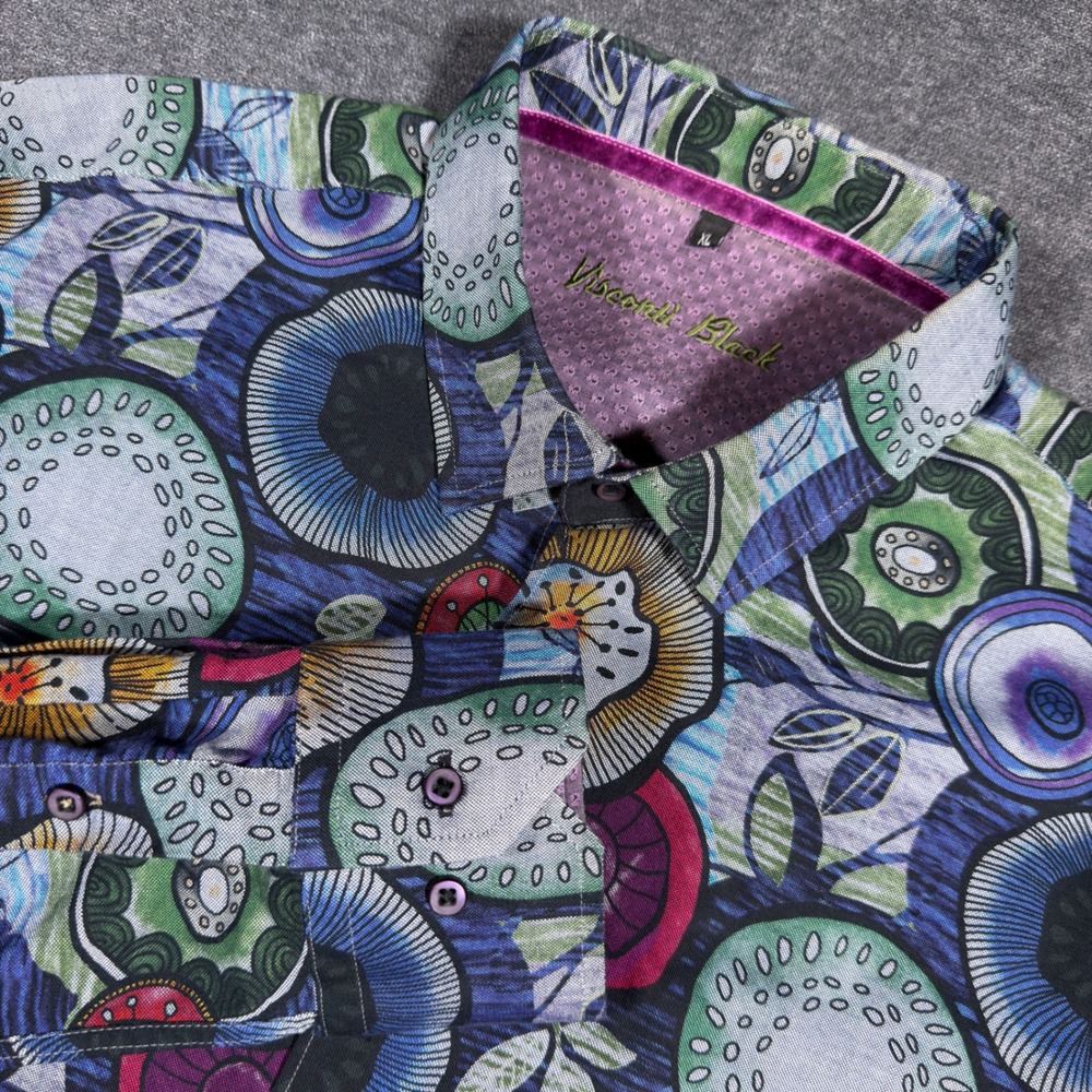 Visconti Black Button Down Shirt Mens XL Multicolor Floral Abstract Art Cotton